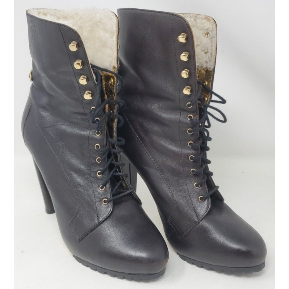 Ted Baker heeled lace-up boots with faux fur lining gold accents